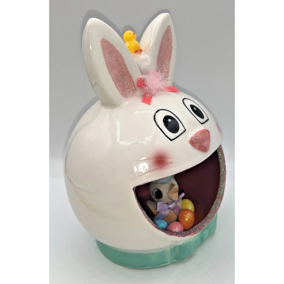 Vintage Ceramic Chick inside Ceramic Bunny Diorama Deb O. Original Designs OOAK - Picture 8 of 16